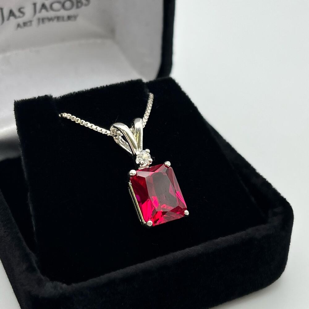 Beautiful 4ct Emerald Cut Ruby Necklace in Sterling Silver White Sapphire accent